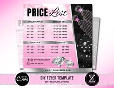 a price list with diamonds on it