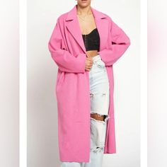 70% Polyester, 30% Wool Woven Drop Shoulder Button Closure Pockets Notched Lapels Chic Pink Button-up Outerwear, Trendy Pink Outerwear With Double Button Closure, Chic Pink Outerwear With Snap Buttons, Pink Wool Coat, Oversized Wool Coat, Fall Outerwear, Oversized Coat, Wool Blend Coat, Wool Coat