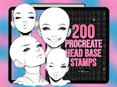 the front cover of an electronic device with images of heads on it and text reading 200 procreate head base stamps