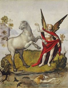 a painting of an angel standing next to a white horse and another person laying on the ground