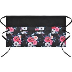 a black and pink flowered clutch bag with two compartments on the front, one is closed