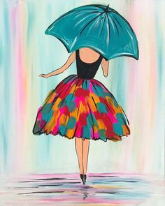 a painting of a woman in a colorful dress holding an umbrella over her head while walking down the street