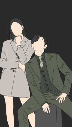 a man and woman sitting next to each other in front of a black background,