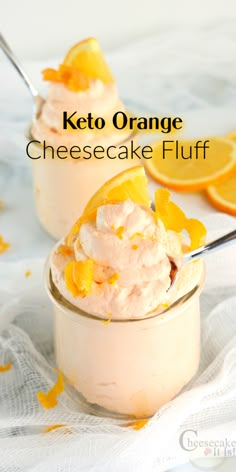 two orange cheesecake fluff in small jars with spoons