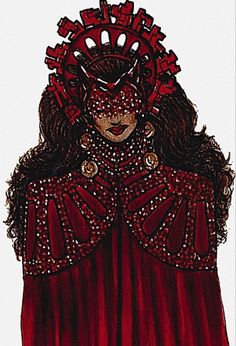 a drawing of a woman in a red dress with an elaborate head piece on her face