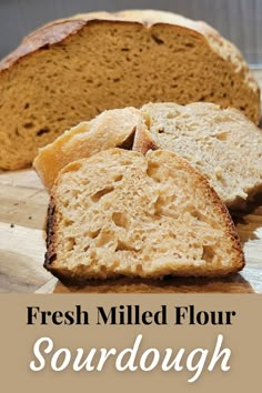 a fresh milled flour sourdough bread loaf boule cut into slices, showing the inside crumb texture of the bread, text below reads "Fresh Milled Flour Sourdough" Sunrise Flour Mill Recipes, Fresh Milled Flour Sourdough Bread Recipe, Sourdough Bread With Fresh Milled Flour, Freshly Milled Sourdough Bread, Fresh Milled Bread Recipe, Milled Flour Bread Recipe, Fresh Milled Flour Sourdough, Sue Becker Bread Recipe