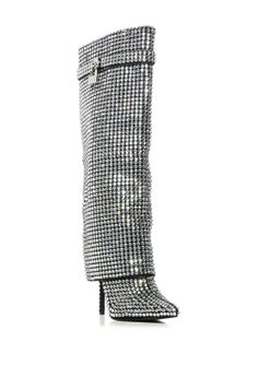 The HEMLOCK-SILVER CRYSTAL FOLD-OVER STILETTO BOOT is a sophisticated choice for a night out. These feature a sleek knee high cut, pointed toe, and silver rhinestone embellishments. A perfect finishing touch comes from the silver lock hardware accent on the shaft. Step out in style for your next evening event! Shaft Height: 14" Opening Circumference: 15" Heel Height: 4.5" Fold Over Boots, Silver Boots, Azalea Wang, High Fashion Outfits, Sandal Platform, Key Lock, Beautiful Boots, Cherry On Top, Plus Size Shopping