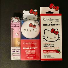 Set Of The Creme Shop Products. One Lip Oil, One Hand Cream And One Lio Balm. Hello Kitty Theme. All New. The Creme Shop Hello Kitty Lip Oil, Hello Kitty Lip Balm, The Creme Shop Hello Kitty, Creme Shop Hello Kitty, Creme Makeup, Hello Kitty Theme, Shop Hello Kitty, Lips Essentials, Kitty Theme