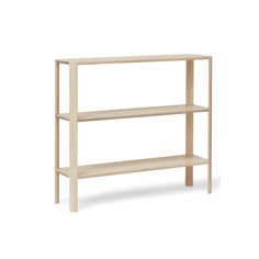 a wooden shelf with two shelves on each side and one shelf below it, against a white background