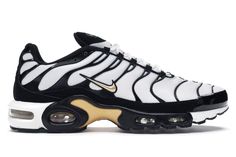 Nike Air Max Plus White Black Metallic Gold - CZ9188-001 Gold Flower Wallpaper, Nike Air Max Plus White, Nike Airmax Plus, Metallic Gold Shoes, Tn Plus, Tenis Nike, Max Black, Nike Air Max Plus, Air Max Plus