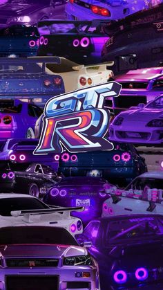 a bunch of cars that are parked in a parking lot with purple lights on them