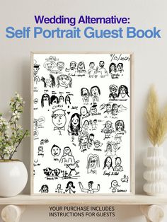 the wedding alternative self portrait guest book is displayed on a shelf next to a vase with flowers