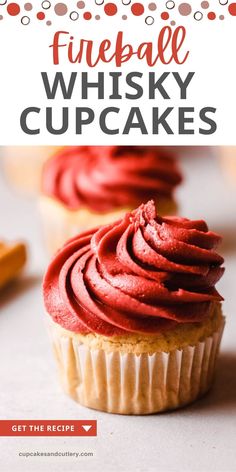 a cupcake with red frosting on top and the title overlay reads, freeable whisky cupcakes