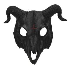 a black mask with horns and red cross on it