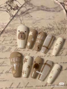 Neutral Nails Cute, Capybara Nails Design, Capybara Nail Art, Capybara Nails, Kutek Disney, Bears Nails, Asian Nails