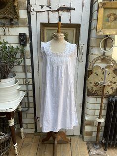 Antique French white cotton slip dress with lace top pintuck detail initials  GB size S. 100% Cotton. Shift dress with square neck with lace trim, pintuck detail and initials GB - lovely. Size:  Chest: 38 inches; Armhole: 7.5 inches; Length: 39.5 inches. Weight: allow up to 1 kg once packed. Good condition. Cotton Slip, Pin Tucks, White Cotton, Shift Dress, French Antiques, Dress Clothes For Women, Lace Trim, Lace Top, Lace Dress