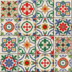 an assortment of colorful tile designs in different shapes and sizes, all on white background