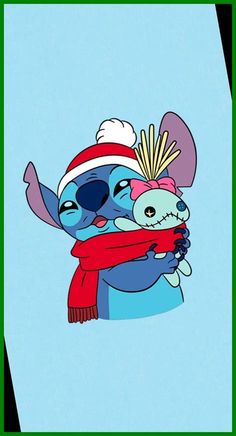 a cartoon character holding a stuffed animal wearing a santa hat and scarf, with the caption's name on it