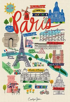 an illustrated map of paris with the eiffel tower