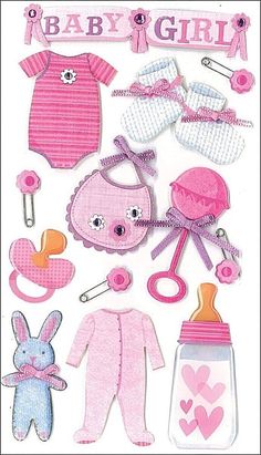 a baby girl cutout with pink and white items