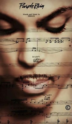 a woman's face with music sheets in the background and words written on it