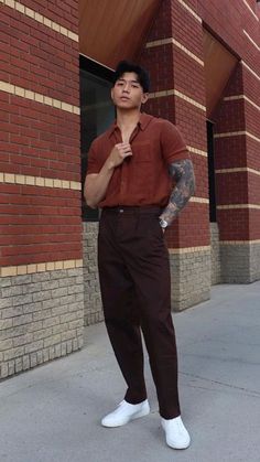 Male Bar Outfit, Outfits For Built Guys, Mens Night Out Fashion Party, Red And Brown Outfit Men, Men Burgundy Outfit, Formal Mens Fashion Aesthetic, Dressy Masc Outfits, Terracotta Clothing, Masc Night Out Outfit