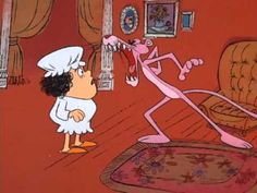 an animated image of a cartoon character in a living room with a pink ribbon around his neck