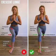 a woman doing yoga poses in front of a wall with the words crescent lunge