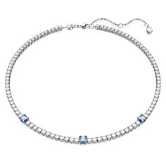 Combining classic elegance with a contemporary twist, this Matrix tennis necklace is bold and refined. An all-around design of clear round stones is interjected by square stones in brilliant blue, illuminated by a rhodium plated setting. Each individual stone flows beautifully into the next to create an endless stream of glamour. Gift this to a loved one, or yourself, for an easy dose of extra. Square Stone, Tennis Necklace, Green Diamond, Blue Square, Blue Necklace, Accessories Jewelry Necklace, Polish Jewelry, Classic Elegance, Luxury Jewelry