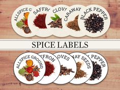 spice labels are shown with different types of spices