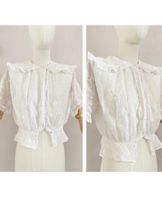 Breathtaking antique blouse from the 1910s Made from a light weighted white cotton fabric  The blouse is fully embroidered with little flowers Closes a the front with press buttons UK size: 8 (s) - US: 6 EU: 36 Measurements measured flat: Pit to pit: 50 cm - 19,7" Waist: 35 - 13,9"  Length: 47 cm - 18,5" Material: cotton See last picture for little flaws because off the age This item has been washed and steamed so that there are no more unpleasant odors This item is vintage, which means 25 years Vintage Tops With Buttons For Wedding, Vintage Wedding Tops With Buttons, Victorian Cotton Tops For Spring, Vintage Lace Collar Blouse For Summer, Spring Victorian Cotton Tops, Vintage Summer Blouse With Lace Collar, Victorian Style White Summer Tops, White Victorian Tops For Summer, Summer Vintage Blouse With Lace Collar