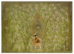 a painting of a woman standing in front of a doorway surrounded by trees and flowers