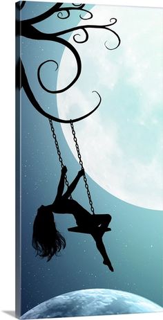 a woman swinging on a swing in front of the moon