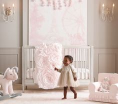 Monique Lhuillier Paris Mural | Pottery Barn Kids Monique Lhuillier Nursery, Pink Rustic Nursery, Dior Nursery, Pottery Barn Nursery Girl, Paris Kids Room, Paris Themed Nursery, Swan Princess Nursery, Restoration Hardware Nursery, All White Nursery