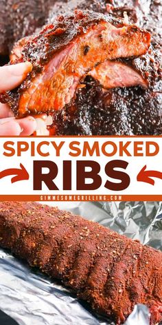 This spicy smoked ribs recipe is a simple holiday recipe you will love! It is quick and easy to make. With the 3-2-1  method, you can have a perfect meal to impress your guests. This best Christmas main dish is juicy, tasty and spicy. Mouthwatering! Spicy Ribs Recipe, Smoked Ribs Recipe, Smoked Baked Potatoes, Fall Off The Bone Ribs, Smoked Pork Recipes, Spicy Bbq Sauce, Smoked Ribs, Ribs Recipe, Easy Homemade Recipes