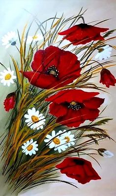 an oil painting of red and white flowers on a white background with grass in the foreground