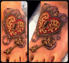 two pictures of the same person's foot with a heart and key on it