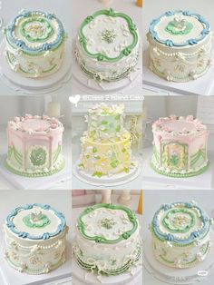 many different types of decorated cakes on display