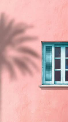 the shadow of a palm tree is cast on a pink building with blue shutters