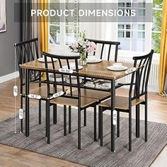 a dining room table and chairs with the words product dimensionss written on each chair