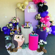 an owl themed party with balloons and decorations