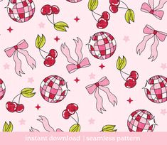 a pink background with cherries and bow ties on it, the words instant downloaded seamless pattern