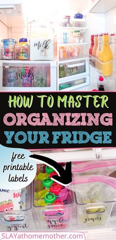 an organized fridge with the words how to master organizing your fridge free printable labels