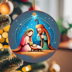 a christmas ornament with a nativity scene on it