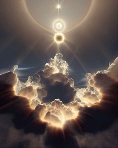 the sun shining through clouds with a halo in the middle and an eye at the center