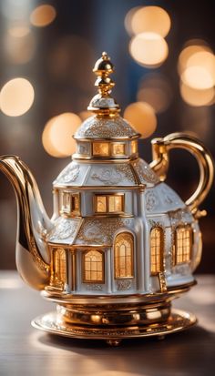 a white teapot with gold trimmings and a house on the top is sitting on a table