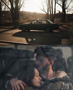 two different shots of a man and woman sitting in a car