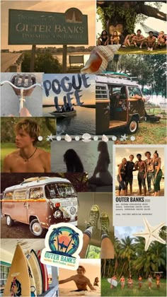 the collage shows people, surfboards, and other things in different pictures with words on them