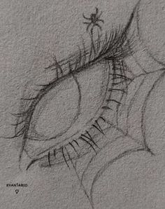 a drawing of an eye with long lashes and spider on it's side, drawn in pencil