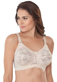 This full-coverage wireless lace bra has soft lace cups with seaming and an inner sling for shape and support. Designed with non-stretch woven straps and a contoured bottom band plus boning at the side seams for extra support. Adjustable strapsNylon/spandex, importedHand wash | Plus Size Women's Lace Soft Cup Bra by Elila in Nude (Size 48 D) Playtex Bras, Bra Models, Soft Cup Bra, Full Coverage Bra, Big And Tall Outfits, Cup Bra, Soft Cup, Support Bras, Bra Women